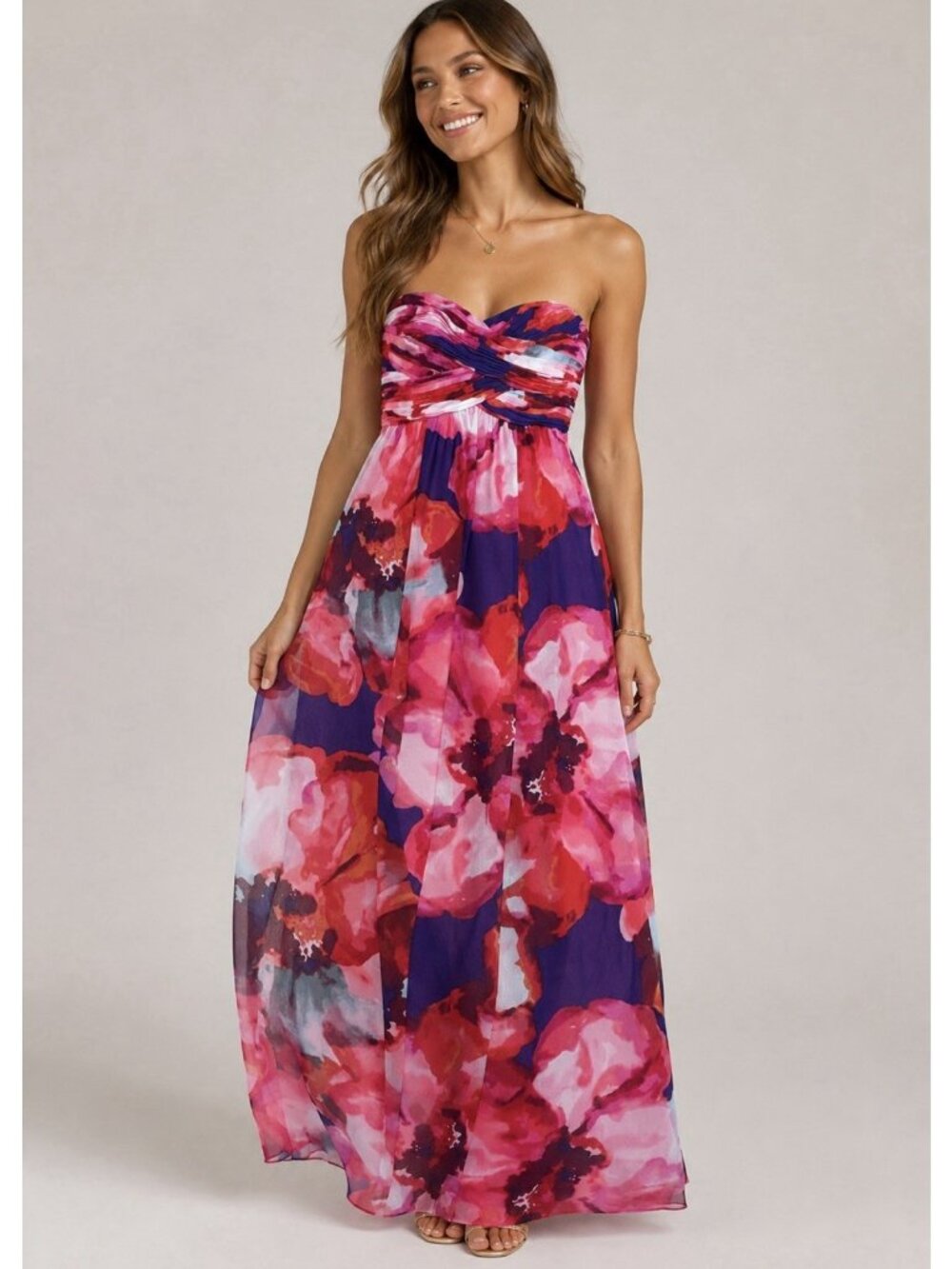 Lauren Ralph Lauren Evening Dress Size 14 Pink Floral Strapless Maxi Chiffon